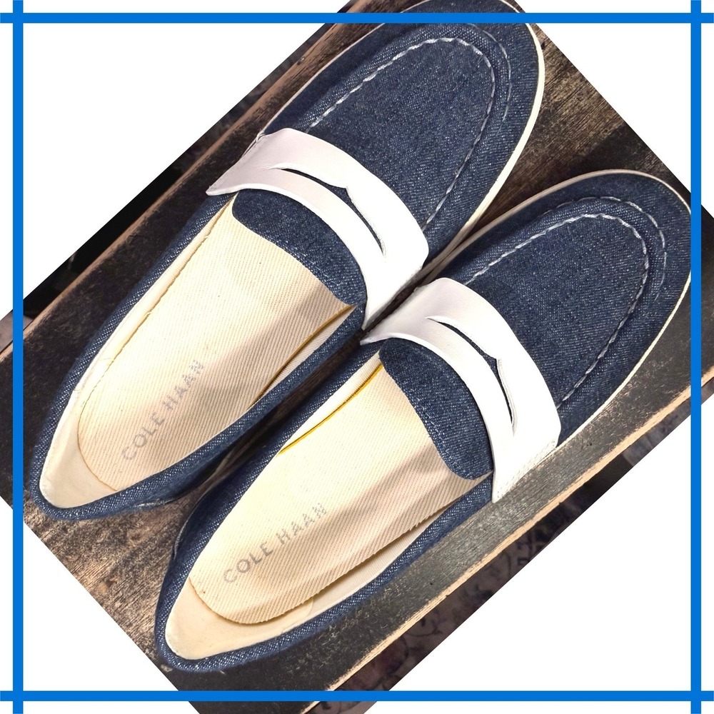 Cole Haan GrandOS Women Blue Denim White Leather Penny Loafers Platform Shoes‎
